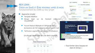 Approche simple :
Template Webflow
Design basé sur de l’existant (concurrent
CloudAMQP)
Aucune feature déployée en dehors de l’infra
les boutons de l’UX redirigent vers le support mail
REX LEAN :
CRÉER UN SAAS ET ÊTRE RENTABLE APRÈS 6 MOIS
Fonctionnement du LEAN sur leur projet
Tarification segmentée par nombre d’utilisateurs
Le site est developpé en une demi-journée.
« Tout limiter dans l’espace et
dans le temps »
 