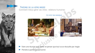 CE N’EST PAS MAGIQUE
Comment mieux gérer ses vitres : relations humaines
Faire une réunion pour parler et penser que tout va se résoudre par magie
Prendre à partie une personne
THÉORIE DE LA VITRE BRISÉE
 