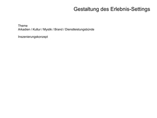 Gestaltung des Erlebnis-Settings
Theme
Arkadien / Kultur / Mystik / Brand / Dienstleistungsbünde
Inszenierungskonzept

 