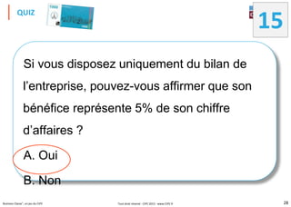 28Business Classe®, un jeu du CIPE
QUIZ
Si vous disposez uniquement du bilan de
l’entreprise, pouvez-vous affirmer que son
bénéfice représente 5% de son chiffre
d’affaires ?
A. Oui
B. Non
0123456789101112131415
Tout droit réservé - CIPE 2015 - www.CIPE.fr
 