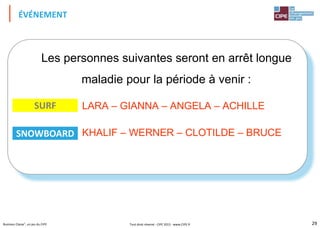 29Business Classe®, un jeu du CIPE
Les personnes suivantes seront en arrêt longue
maladie pour la période à venir :
LARA – GIANNA – ANGELA – ACHILLE
KHALIF – WERNER – CLOTILDE – BRUCE
ÉVÉNEMENT
SURF
SNOWBOARD
Tout droit réservé - CIPE 2015 - www.CIPE.fr
 
