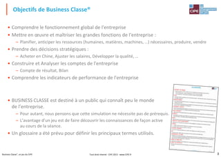 3Business Classe®, un jeu du CIPE
• Comprendre le fonctionnement global de l'entreprise
• Mettre en œuvre et maîtriser les grandes fonctions de l'entreprise :
– Planifier, anticiper les ressources (humaines, matières, machines, …) nécessaires, produire, vendre
• Prendre des décisions stratégiques :
– Acheter en Chine, Ajuster les salaires, Développer la qualité, …
• Construire et Analyser les comptes de l'entreprise
– Compte de résultat, Bilan
• Comprendre les indicateurs de performance de l'entreprise
• BUSINESS CLASSE est destiné à un public qui connaît peu le monde
de l’entreprise.
– Pour autant, nous pensons que cette simulation ne nécessite pas de prérequis.
– L’avantage d’un jeu est de faire découvrir les connaissances de façon active
au cours de la séance.
• Un glossaire a été prévu pour définir les principaux termes utilisés.
Objectifs de Business Classe®
Tout droit réservé - CIPE 2015 - www.CIPE.fr
 