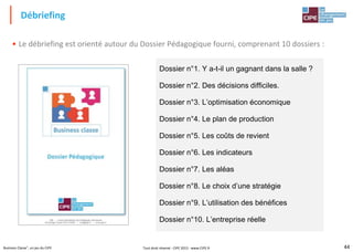 44Business Classe®, un jeu du CIPE
• Le débriefing est orienté autour du Dossier Pédagogique fourni, comprenant 10 dossiers :
Débriefing
Dossier n°1. Y a-t-il un gagnant dans la salle ?
Dossier n°2. Des décisions difficiles.
Dossier n°3. L’optimisation économique
Dossier n°4. Le plan de production
Dossier n°5. Les coûts de revient
Dossier n°6. Les indicateurs
Dossier n°7. Les aléas
Dossier n°8. Le choix d’une stratégie
Dossier n°9. L’utilisation des bénéfices
Dossier n°10. L’entreprise réelle
Tout droit réservé - CIPE 2015 - www.CIPE.fr
 