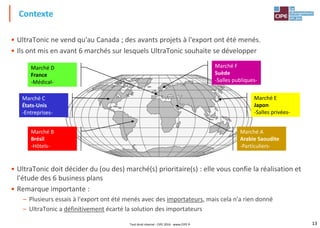 13
• UltraTonic ne vend qu'au Canada ; des avants projets à l'export ont été menés.
• Ils ont mis en avant 6 marchés sur lesquels UltraTonic souhaite se développer
• UltraTonic doit décider du (ou des) marché(s) prioritaire(s) : elle vous confie la réalisation et
l'étude des 6 business plans
• Remarque importante :
– Plusieurs essais à l'export ont été menés avec des importateurs, mais cela n'a rien donné
– UltraTonic a définitivement écarté la solution des importateurs
Contexte
Marché F
Suède
-Salles publiques-
Marché E
Japon
-Salles privées-
Marché A
Arabie Saoudite
-Particuliers-
Marché C
États-Unis
-Entreprises-
Marché D
France
-Médical-
Marché B
Brésil
-Hôtels-
Tout droit réservé - CIPE 2016 - www.CIPE.fr
 