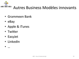 Autres	
  Business	
  Modèles	
  innovants	
  
•  Grammeen	
  Bank	
  
•  eBay	
  
•  Apple	
  &	
  iTunes	
  
•  Twi>er	
...