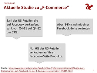 EINFÜHRUNG

  Aktuelle Studie zu „F-Commerce“

     Zahl der US-Retailer, die
     auf Facebook verkaufen,                       Aber: 98% sind mit einer
     sank von Q4-11 auf Q4-12                      Facebook-Seite vertreten
     um 63%.



                          Nur 6% der US-Retailer
                          verkaufen auf ihrer
                          Facebook-Seite Produkte.


Quelle: http://www.internetworld.de/Nachrichten/E-Commerce/Handel/Studie-zum-
                                                                                3
Onlienhandel-auf-Facebook-Ist-der-F-Commerce-gescheitert-75345.html
 