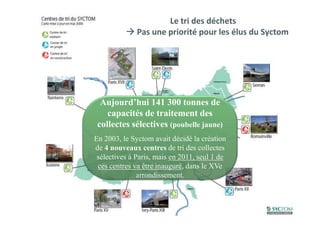 Le tri des déchets
              Pas une priorité pour les élus du Syctom




  Aujourd’hui 141 300 tonnes de
    capacités de traitement des
 collectes sélectives (poubelle jaune)
En 2003, le Syctom avait décidé la création
de 4 nouveaux centres de tri des collectes
 sélectives à Paris, mais en 2011, seul 1 de
 ces centres va être inauguré, dans le XVe
               arrondissement.
 