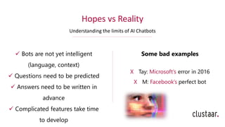 Hopes vs Reality
Understanding the limits of AI Chatbots
✓ Bots are not yet intelligent
(language, context)
✓ Questions need to be predicted
✓ Answers need to be written in
advance
✓ Complicated features take time
to develop
Some bad examples
Х Tay: Microsoft’s error in 2016
Х M: Facebook’s perfect bot
 