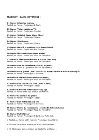 TRACKLIST « CANAL HISTORIQUE »


01-Namor-Briser les chaines
Réalisé par Namor. Produit par Dj Rash.

02-Namor-Vision chaotique V.2
Réalisé par Namor. Produit par Creestal.

03-Namor-Walabok (avec Abass Abass)
Réalisé par Namor. Produit par Falback.

04-Namor-Simplement
Réalisé par Namor. Produit par Falback.

05-Namor-Marié à la musique (avec Fredo Starr)
Réalisé par Namor. Produit par Beat Bounce.

06-Namor-Notre art saigne (avec Wadz)
Réalisé par Namor. Produit par Wadz the funkfather.

07-Namor-L’héritage de l’amour V.1 (avec Soprano)
Réalisé par Namor. Produit par Wadz the funkfather.

08-Namor-Rien ne m’arrêtera (avec Dj Majestic)
Réalisé par Namor & Dj Majestic. Produit par Creestal.

09-Namor-Paz y guerra (avec Toko Blaze, Soldat Jahman & Paco Nayabingui)
Réalisé par Namor. Produit par El Bravucon.

10-Namor-Canal historique rmx (avec Wadz)
Réalisé par Namor. Produit par Wadz the funkfather.

11-Namor-Fais c’que t’as à faire (avec Al Peco)
Réalisé par Namor. Produit par Falback.

12-Namor-L’histoire continue (avec Dj Djel)
Réalisé par Namor et Dj Djel. Produit par Falback.

13-Namor-La couleur du ghetto
Réalisé par Namor. Produit par Falback.

14-Namor-Fier d’être français rmx
Réalisé par Namor. Produit par El Bravucon.

15-Namor-Donne du respect rmx (avec Sadik Asken & Réza)
Réalisé par Namor. Produit par Wadz the funkfather.

16-Namor-De l’intérieur
Réalisé par Namor. Produit par Dj 2shé pour Fight Klub.

# Réalisé par Namor et Dj Majestic. Produit par Soulchildren.

## Réalisé par Namor. Produit par Wadz the funkfather.

### Réalisé par Namor. Produit par Wadz the funkfather .
 