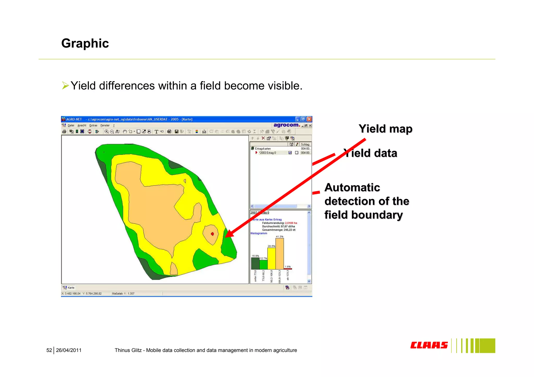 Graphic


        Yield differences within a field become visible.


                                                                                                         Yield map

                                                                                                      Yield data


                                                                                                   Automatic
                                                                                                   detection of the
                                                                                                   field boundary




52 26/04/2011    Thinus Glitz - Mobile data collection and data management in modern agriculture
 