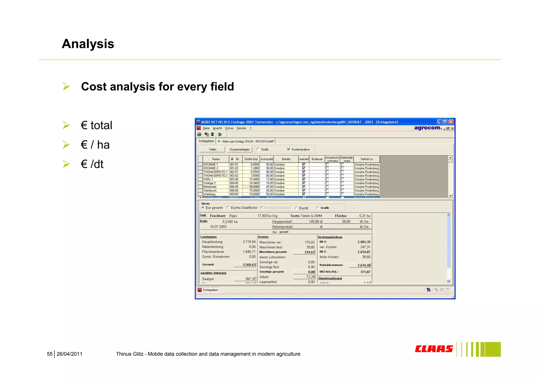 Analysis


            Cost analysis for every field


            € total
            € / ha
            € /dt




55 26/04/2011         Thinus Glitz - Mobile data collection and data management in modern agriculture
 