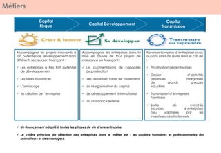 Métiers
 Un financement adapté à toutes les phases de vie d’une entreprise.
 Le critère principal de sélection des entreprises dans le métier est : les qualités humaines et professionnelles des
promoteurs et des managers.
Capital
Risque
Capital Développement
Capital
Transmission
Accompagner les projets innovants à
fort potentiel de développement dans
différents secteurs en finançant :
 Les entreprises à très fort potentiel
de développement
 Les idées Novatrices
 L’amorçage
 la création de l’entreprise
Accompagner les entreprises dans la
mise en œuvre de tous projets de
croissance en finançant :
 Les augmentations de capacités
de production
 Les besoins en fonds de roulement
 La réorganisation du capital
 Le développement international
 La croissance externe
Favoriser la reprise d’entreprises avec
ou sans effet de levier dans le cas de
:
 Privatisation des entreprises
 Cession d’activités
devenues marginales
de grands groupes
industriels
 Transmission d’entreprises
Familiales
 Sortie de marchés
boursiers d’entreprises
peu valorisées par les
investisseurs institutionnels
 