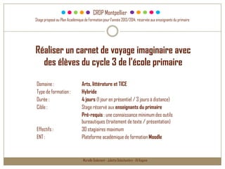 CRDP Montpellier
Murielle Godement - Juliette Delachambre - Ali Kagone
Stage proposé au Plan Académique de Formation pour ...