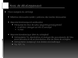 Axes de développement
   Micro-imagerie du cartilage

     Détection lésionnelle Grade I, précision des limites lésionnelles

     Approche biochimique et moléculaire
        Marquage du taux de GAG (glycoamynocglycanes)
           • d GEMRIC (delayed Gd MRI of cartilage)
           • T1 Rhô

     Approche biomécanique (état du collagène)
        Cartographie T2, appréciation et analyse des mouvements de l’eau
          extra-cellulaire et de sa distribution avec les fibres de collagène
         Cartographie (mapping) avec échelle colorimétrique
         T2, T2*, T1
 