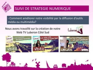 SUIVI DE STRATEGIE NUMERIQUE 
- Comment améliorer notre visibilité par la diffusion d’outils 
média ou multimédia? 
Nous avons travaillé sur la création de notre 
Web TV Luberon Côté Sud 
 