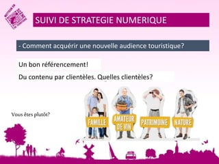 SUIVI DE STRATEGIE NUMERIQUE 
- Comment acquérir une nouvelle audience touristique? 
Un bon référencement! 
Du contenu par clientèles. Quelles clientèles? 
Vous êtes plutôt? 
 