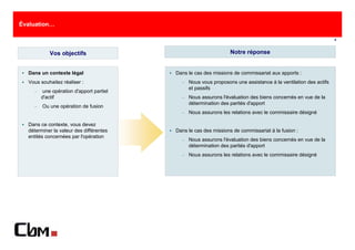 Évaluation…

                                                                                                                9



           Vos objectifs                                         Notre réponse


  Dans un contexte légal                 Dans le cas des missions de commissariat aux apports :
  Vous souhaitez réaliser :                −   Nous vous proposons une assistance à la ventilation des actifs
                                               et passifs
    −   une opération d'apport partiel
        d'actif                            −   Nous assurons l'évaluation des biens concernés en vue de la
                                               détermination des parités d'apport
    −   Ou une opération de fusion
                                           −   Nous assurons les relations avec le commissaire désigné

  Dans ce contexte, vous devez
  déterminer la valeur des différentes   Dans le cas des missions de commissariat à la fusion :
  entités concernées par l'opération
                                           −   Nous assurons l'évaluation des biens concernés en vue de la
                                               détermination des parités d'apport
                                           −   Nous assurons les relations avec le commissaire désigné
 