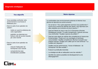 Diagnostic stratégique

                                                                                                                6



             Vos objectifs                                            Notre réponse


  Vous souhaitez confronter votre         La confrontation des environnements externes et internes nous
  environnement à vos forces et           permet de répondre aux points suivants :
  faiblesses pour :
                                            Où se bat-on ? Sur quels segments sommes nous positionnés ?
  Dans le cadre d'une opération de          Avons-nous compris les attentes des clients, mes réponses sont
  cession :                                 elles adaptées aux évolutions de leurs besoins ?
    −   mettre en avant la cohérence de     Quel est l'attrait de chacun des D.A.S (Domaines d'Activité
        votre organisation                  Stratégiques) actuels ? A quels changements, ruptures sommes
    −   expliciter vos réponses aux         nous confrontés ? Quelles ruptures se profilent ?
        facteurs clés de succès imposés     Quel est notre degré de maîtrise des compétences et ressources
        par votre marché                    fondamentales ? Quels sont nos avantages et handicaps
                                            concurrentiels ? Quelles compétences clés faut il acquérir pour
                                            préparer demain? Quelles sont celles que l'on doit renforcer ? Le
  Dans le cadre d'une opération de          modèle est-il dépassé ?
  reprise :
                                            Quelles sont les performances - forces et faiblesses - de
    −   mesurer l'adéquation de             l'entreprise? Est elle rentable ?
        l'entreprise à son marché
                                            Évaluer le portefeuille d'activités
    −   comprendre les axes
        d'amélioration possibles            La stratégie est elle en adéquation avec les volontés ?
                                            Identifier les options possibles de développement ou de
                                            désengagement
 