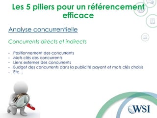 Les 5 piliers pour un référencement
efficace
Analyse concurrentielle
- Positionnement des concurrents
- Mots clés des concurrents
- Liens externes des concurrents
- Budget des concurrents dans la publicité payant et mots clés choisis
- Etc…
Concurrents directs et indirects
 