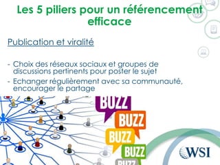 Les 5 piliers pour un référencement
efficace
Publication et viralité
- Choix des réseaux sociaux et groupes de
discussions pertinents pour poster le sujet
- Echanger régulièrement avec sa communauté,
encourager le partage
 