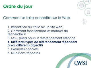 Ordre du jour
Comment se faire connaître sur le Web
1. Répartition du trafic sur un site web
2. Comment fonctionnent les moteurs de
recherche ?
3. Les 5 piliers pour un référencement efficace
4. Différents types de référencement répondant
à vos différents objectifs
5. Exemples concrets
6. Questions/réponses
 