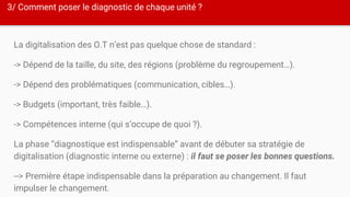 3/ Comment poser le diagnostic de chaque unité ?
La digitalisation des O.T n’est pas quelque chose de standard :
-> Dépend de la taille, du site, des régions (problème du regroupement…).
-> Dépend des problématiques (communication, cibles…).
-> Budgets (important, très faible…).
-> Compétences interne (qui s’occupe de quoi ?).
La phase “diagnostique est indispensable” avant de débuter sa stratégie de
digitalisation (diagnostic interne ou externe) : il faut se poser les bonnes questions.
--> Première étape indispensable dans la préparation au changement. Il faut
impulser le changement.
 