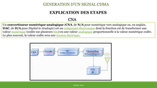 GENERATION D’UN SIGNAL CDMA
THÈME: CDMA
EXPLICATION DES ETAPES
Un convertisseur numérique-analogique (CNA, de N/A pour numérique vers analogique ou, en anglais,
DAC, de D/A pour Digital to Analogic) est un composant électronique dont la fonction est de transformer une
valeur numérique (codée sur plusieurs bits) en une valeur analogique proportionnelle à la valeur numérique codée.
Le plus souvent, la valeur codée sera une tension électrique.
CNA
 
