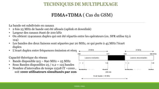 TECHNIQUES DE MULTIPLEXAGE
FDMA+TDMA ( Cas du GSM)
La bande est subdivisée en canaux
• 2 fois 25 MHz de bande ont été alloués (uplink et downlink)
• Largeur des canaux étant de 200 kHz
• On obtient 124canaux duplex qui ont été répartis entre les opérateurs (ex. SFR utilise 63 à
124)
• Les bandes des deux liaisons sont séparées par 20 MHz, ce qui porte à 45 MHz l'écart
duplex
• L'écart duplex entre fréquences émission et réception du mobile est de 45 Mhz
Capacité théorique du réseau
• Bande disponible 915 – 890 MHz = 25 MHz
• Sous Bandes disponibles 25 / 0,2 = 125 bandes
• Nombre d’intervalles de temps 125x8 IT =1000 ,
soit 1000 utilisateurs simultanés par zone
THÈME: CDMA
 