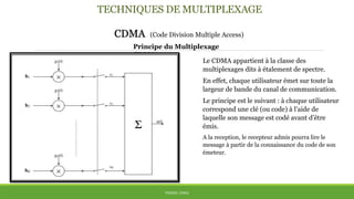 TECHNIQUES DE MULTIPLEXAGE
CDMA (Code Division Multiple Access)
THÈME: CDMA
Principe du Multiplexage
CDMA
Le CDMA appartient à la classe des
multiplexages dits à étalement de spectre.
En effet, chaque utilisateur émet sur toute la
largeur de bande du canal de communication.
Le principe est le suivant : à chaque utilisateur
correspond une clé (ou code) à l’aide de
laquelle son message est codé avant d’être
émis.
A la reception, le recepteur admis pourra lire le
message à partir de la connaissance du code de son
émeteur.
 