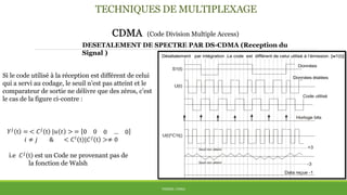 TECHNIQUES DE MULTIPLEXAGE
CDMA (Code Division Multiple Access)
THÈME: CDMA
DESETALEMENT DE SPECTRE PAR DS-CDMA (Reception du
Signal )
Si le code utilisé à la réception est différent de celui
qui a servi au codage, le seuil n’est pas atteint et le
comparateur de sortie ne délivre que des zéros, c’est
le cas de la figure ci-contre :
𝑌 𝑗 t = < 𝐶 𝑗 t |𝑢 𝑡 > = 0 0 0 … 0
𝑖 ≠ 𝑗 & < 𝐶 𝑖
t |𝐶 𝑗
t >≠ 0
i.e 𝐶 𝑗 t est un Code ne provenant pas de
la fonction de Walsh
 