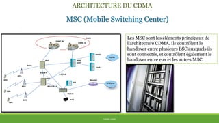 ARCHITECTURE DU CDMA
THÈME: CDMA
PDSN
A1/A2
Abis
A3/A7
A10/A11
MSC
VLR
BSC
BSC
Router
BTS
GMSC
AAA
HLR
IP Core
BTS
PSTN
BTS
MS
MS
MS
OMC
OMC-R
OMC-S
HA
Les MSC sont les éléments principaux de
l’architecture CDMA. Ils contrôlent le
handover entre plusieurs BSC auxquels ils
sont connectés, et contrôlent également le
handover entre eux et les autres MSC.
MSC (Mobile Switching Center)
 