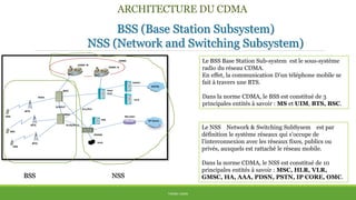 ARCHITECTURE DU CDMA
THÈME: CDMA
PDSN
A1/A2
Abis
A3/A7
A10/A11
MSC
VLR
BSC
BSC
Router
BTS
GMSC
AAA
HLR
IP Core
BTS
PSTN
BTS
MS
MS
MS
OMC
OMC-R
OMC-S
HA
Le BSS Base Station Sub-system est le sous-système
radio du réseau CDMA.
En effet, la communication D’un téléphone mobile se
fait à travers une BTS.
Dans la norme CDMA, le BSS est constitué de 3
principales entités à savoir : MS et UIM, BTS, BSC.
BSS (Base Station Subsystem)
NSS (Network and Switching Subsystem)
Le NSS Network & Switching SubSysem est par
définition le système réseaux qui s’occupe de
l’interconnexion avec les réseaux fixes, publics ou
privés, auxquels est rattaché le réseau mobile.
Dans la norme CDMA, le NSS est constitué de 10
principales entités à savoir : MSC, HLR, VLR,
GMSC, HA, AAA, PDSN, PSTN, IP CORE, OMC.BSS NSS
 