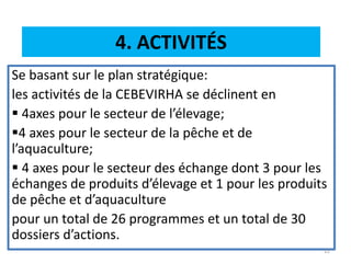 4. ACTIVITÉS
Se basant sur le plan stratégique:
les activités de la CEBEVIRHA se déclinent en
 4axes pour le secteur de l’élevage;
4 axes pour le secteur de la pêche et de
l’aquaculture;
 4 axes pour le secteur des échange dont 3 pour les
échanges de produits d’élevage et 1 pour les produits
de pêche et d’aquaculture
pour un total de 26 programmes et un total de 30
dossiers d’actions.
12
 