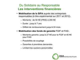 Du Solidaire au Responsable
 Les interventions financières
• Mobilisation de la SIFA auprès des entreprises
  responsables (à titre expérimental sur 2011 et 2012).
    – Montants : de 50 K€ (FRIS) à 200 K€
    – Durée : jusqu’à 7 ans
    – Différé de remboursement jusqu’à 24 mois.
• Mobilisation des fonds de garantie FGIF et FAG .
    – Montants garantis: jusqu’à 27 K€ pour le FGIF et 45 K€
      pour FAG
    – Possibilités de couplage
    – Garanties à premières demandes
    – Limitent les cautions personnelles
 