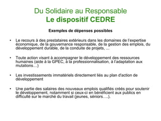 Du Solidaire au Responsable
                 Le dispositif CEDRE
                      Exemples de dépenses possibles

•   Le recours à des prestataires extérieurs dans les domaines de l’expertise
    économique, de la gouvernance responsable, de la gestion des emplois, du
    développement durable, de la conduite de projets, ...

•   Toute action visant à accompagner le développement des ressources
    humaines (aide à la GPEC, à la professionnalisation, à l’adaptation aux
    mutations…)

•   Les investissements immatériels directement liés au plan d'action de
    développement

•   Une partie des salaires des nouveaux emplois qualifiés créés pour soutenir
    le développement, notamment si ceux-ci en bénéficient aux publics en
    difficulté sur le marché du travail (jeunes, séniors….).
 