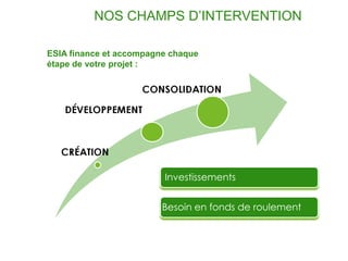 NOS CHAMPS D’INTERVENTION

ESIA finance et accompagne chaque
étape de votre projet :




                         Investissements


                         Besoin en fonds de roulement
 