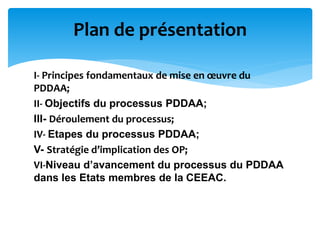 I- Principes fondamentaux de mise en œuvre du
PDDAA;
II- Objectifs du processus PDDAA;
III- Déroulement du processus;
IV- Etapes du processus PDDAA;
V- Stratégie d’implication des OP;
VI-Niveau d’avancement du processus du PDDAA
dans les Etats membres de la CEEAC.
Plan de présentation