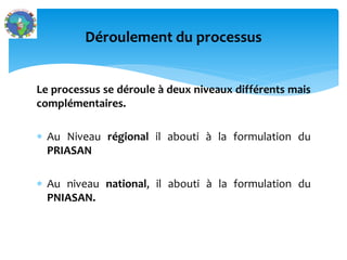 Le processus se déroule à deux niveaux différents mais
complémentaires.
Au Niveau régional il abouti à la formulation du
PRIASAN
Au niveau national, il abouti à la formulation du
PNIASAN.
Déroulement du processus