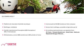 QUI SOMMES-NOUS ?
► Plateforme de réservation d’activités touristiques
► Multilingue, multidevise
► Clientèle majoritairement francophone (60% francophone /
40% à l’international)
► 250 destinations, environ 8000 activités dont 1000 activités en France
► Communauté de 250 000 membres en forte croissance
► Service client multilingue, accessible en ligne et/ou par tel
► De nombreux partenariats pour une exposition forte :
Air France ● Transavia Routard.com ● Vente Privée ● Hotel.com
Meyclub (CE Bouygue Télécom) …
 