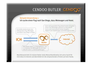 CENDOO BUTLER
     Beispiel-Anwendung 1:
     Ich suche einen Flug nach San Diego, dazu Mietwagen und Hotel.

                                                  - Such nach passendem Flug anhand meiner Vorgaben
                                                  - Suche nach Mietwagen passend zur Ankunftszeit
Ich erteile meinem Butler den                     - Suche nach Hotel anhand meiner Vorgaben
Auftrag einen Flug, Mietwagen                     - Abgleich mit Empfehlungen und Erfahrungen im Netz
und Hotel in San Diego zu finden.




           Mein Butler liefert 3-4 Flugergebnisse, dazu
           2-3 Varianten für Mietwagen 60 min nach
           Ankunft sowie 2-3 Hotelempfehlungen.


Abschliessend teile ich meinem Butler meine Wunschkombination mit und er bucht für
mich diese im Internet und übermittelt mir die entsprechenden eTickets auf mein Handy.
 