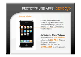 PROTOTYP UND APPS

Nächste Schritte:

                    CENDOO entwickelt in den
                    nächsten 2-3 Monaten einzelne
                    Butleranwendungen, um sie als
                    iPhone- und iPad-Applikation zu
  Butler
                    veröffentlichen.


                    Marktsituation iPhone/iPad 2010:
                    Derzeit gibt es ca. 225‘000 Apps
                    auf mehr als 100 Mio. iPhones,
                    iPod touch und iPads.
                    Bis heute wurden mehr als
                    5 Mrd. Apps heruntergeladen.
 