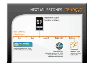 NEXT MILESTONES
                                       Development of the butler
                                       prototype and two iphone
                                       applications as POT & POC.




Next CENDOO
milestones ...
       June                    July   August            September        October




First Butler presentation on the
SemTech in San Francisco (USA)
                                                      Development of a    Release of butler
                                       Software Development Kit (SDK)     version 1.0, rollout
                                           with platform for worldwide    to the market
                                             developers and industries
 