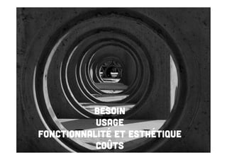 Besoin
Usage
Fonctionnalité et esthétique
Coûts

 