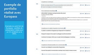 Exemple de
portfolio
réalisé avec
Europass
Exemple du point fort de
Europass : portfolio de
présentation (idéal pour
un CV amélioré ou le
PPP)
 