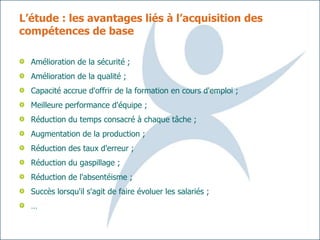 L’étude : les avantages liés à l’acquisition des
compétences de base

  Amélioration de la sécurité ;
  Amélioration de la qualité ;
  Capacité accrue d'offrir de la formation en cours d'emploi ;
  Meilleure performance d'équipe ;
  Réduction du temps consacré à chaque tâche ;
  Augmentation de la production ;
  Réduction des taux d'erreur ;
  Réduction du gaspillage ;
  Réduction de l'absentéisme ;
  Succès lorsqu'il s'agit de faire évoluer les salariés ;
  …
 