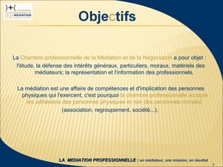 La Chambre professionnelle de la Médiation et de la Négociation a pour objet :
         l'étude, la défense des intérêts généraux, particuliers, moraux, matériels des
                 médiateurs; la représentation et l'information des professionnels.

            La médiation est une affaire de compétences et d'implication des personnes
              physiques qui l'exercent, c'est pourquoi la chambre professionnelle accepte
               les adhésions des personnes physiques et non des personnes morales
                               (association, regroupement, société...).




 1ère rencontre
délégués CPMN               LA MEDIATION PROFESSIONNELLE : un médiateur, une mission, un résultat
23 janvier 2009                                                                                     4
 