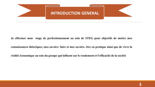 INTRODUCTION GENERAL
3
Je effectuer mon stage de perfectionnement au sein de STEG pour objectifs de mettre mes
connaissances théoriques, mes savoirs- faire et mes savoirs- être en pratique ainsi que de vivre la
réalité économique au sein du groupe qui influent sur le rendement et l'efficacité de la société
 