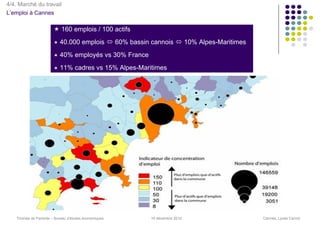 4/4. Marché du travail
L’emploi à Cannes

                           160 emplois / 100 actifs
                          40.000 emplois              60% bassin cannois            10% Alpes-Maritimes
                          40% employés vs 30% France
                          11% cadres vs 15% Alpes-Maritimes




   Thomas de Pariente – Bureau d’études économiques              16 décembre 2010                         Cannes, Lycée Carnot
 
