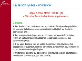 La liaison lycées - université Appel à projet Martin HIRSCH (1) « Sécuriser le choix des études supérieures »  Constats : Les étudiants de L1 qui décrochent sont moins informés sur les possibilités de poursuite d’études que leurs camarades (enquête OVE sur étudiants décrocheurs en L1) Les enseignants de lycées sont les principaux vecteurs de l’orientation (40%), en particulier pour les catégories socioprofessionnelles les plus défavorisées (>70%) Il n’y a pas de retour vers les lycées des parcours des élèves une fois passés dans le supérieur , sauf cas particuliers, et notamment peu de retour de la part des étudiants les plus fragiles Un tiers des étudiants qui se déclarent en difficultés auraient souhaités une réorientation précoce, la plupart vers un BTS. 