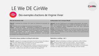 LE We DE CinWe
Plan de lancement 360°
Objectif : lancement du nouveau CX-3 dans un contexte de renouveau de
marque
Rôle : définition de la stratégie de lancement transversal France
Actions : Etudes de marché - proposition et validation du business plan
(gamme, prix, volumes) - création & suivi du plan de lancement 360° fonction
des différentes cibles (collaborateurs, clients & prospects, concessionnaires &
vendeurs, journalistes) avec 1 co-création interservices (marketing,
communication, sales, services au client, presse, distribution) – Mise en place
et animation de comités de lancement
Ambassadeur de la marque Mazda
Objectif : faire des collaborateurs de véritables ambassadeurs de marque
Rôle : animer les collaborateurs pour insuffler les messages de marque, co-
créer une expérience ‘client’ engageante, avoir une vision commune,
générer une cohésion d’équipe
Actions : animation de 6 workshops sur les thèmes de valeurs de marque &
d’expérience engageante – Brief et mise en place d’actions autour de ces
ateliers : affiches, animations via des artistes, création d’une bande dessinée,
remises de goodies
Animation réseau vendeurs via blog & web séries
Objectif : vulgariser les messages techniques et animer le réseau de vendeurs
avec des outils digitaux pour les familiariser à ces nouveaux leviers
Rôle : proposer une stratégie de contenu et l’animer
Actions : élaboration de la ligne éditoriale (contenus produit & formations) –
création d’un blog avec un challenge et des animations vendeurs pour les
plus actifs - création d’une web série pour passer les messages forts
Opération e-mailing « été »
Objectif : fidéliser la clientèle et contribuer à générer du chiffre d’affaire
Rôle : piloter le projet du brief à la mise en place - Suivi de résultats
Actions : création d’une offre impactante & personnalisée, création e-
mailing + d’un mailing papier qualitatif telle une invitation à un évènement,
animation du réseau dans le cadre d’un challenge, suivi des résultats
Des exemples d’actions de Virginie Vivier
 